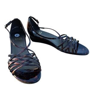 New Stuart Weitzman Brown Patent Leather Open Toe Strappy Wedge Sandals 8 1/2 M